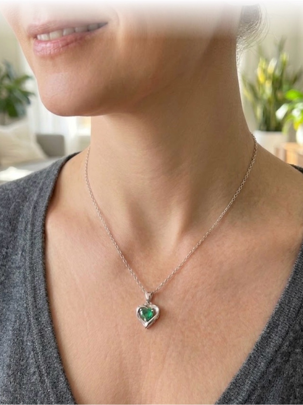 Italian Sterling Silver Heart Necklace with natural emerald Pendant